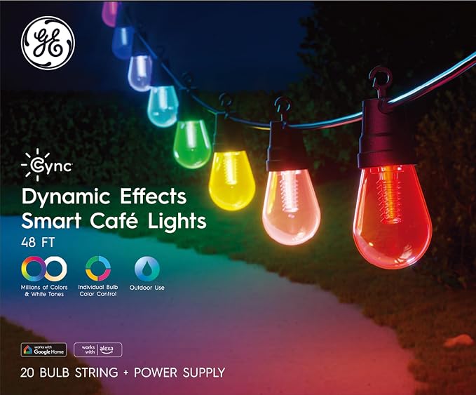 Cync GE Dynamic Effects Color Changing Smart Outdoor String Lights, 48ft | App control, Alexa & Google compatible, color changing patio cafe lights, weather resistant, 48ft, dynamic lighting effects