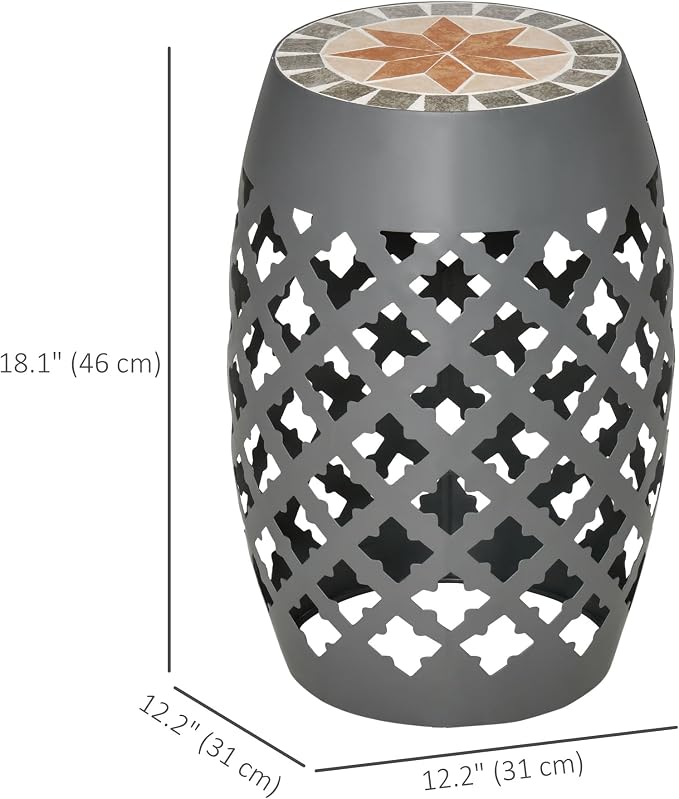 Outsunny 12" Patio Round Side Table, Outdoor Footstool, Garden Mosaic Accent Side Table, Plant Stand, Gray