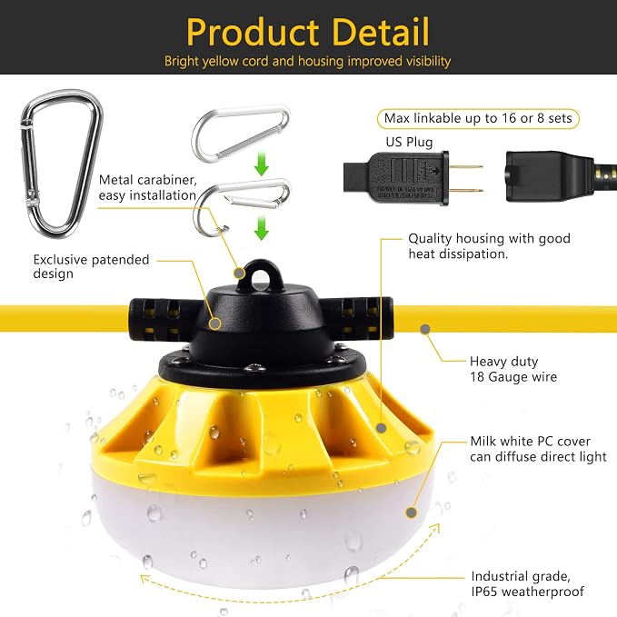 50FT Construction String Lights LED Industrial Grade Free for Climbing Hook | Best for Construction Sites, Renovation, Walkways,Patio,Mine cave, Outdoor, and Other Outdoor Lighting Solutions Use