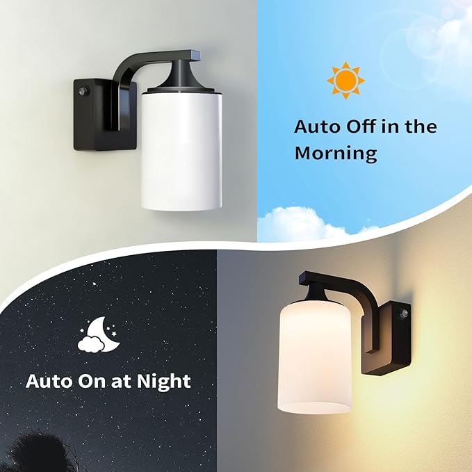 Dusk to Dawn Outdoor Wall Light Sconce, Waterproof Aluminum Porch Light Exterior Fixture with Milk Glass Shade for Patio, Yard, Garden House, Outside, Matte Black