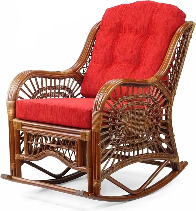Malibu Handmade Natural Rattan Living Room Set of 2 Rocking Lounge Chairs and Round Coffee Table with Glass, Colonial Color, Red Cushions