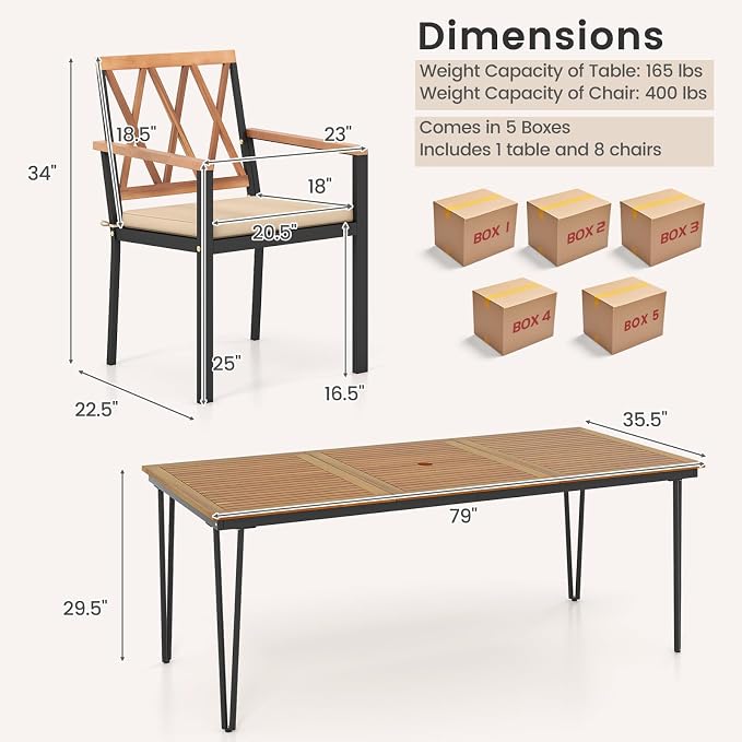 Tangkula 9 Piece Patio Dining Set, Outdoor Rectangular Dining Table w/Acacia Wood Top & Umbrella Hole, Metal Frame Dining Table & Chairs Set w/Removable Seat Cushions for Yard, Porch, Garden, Deck