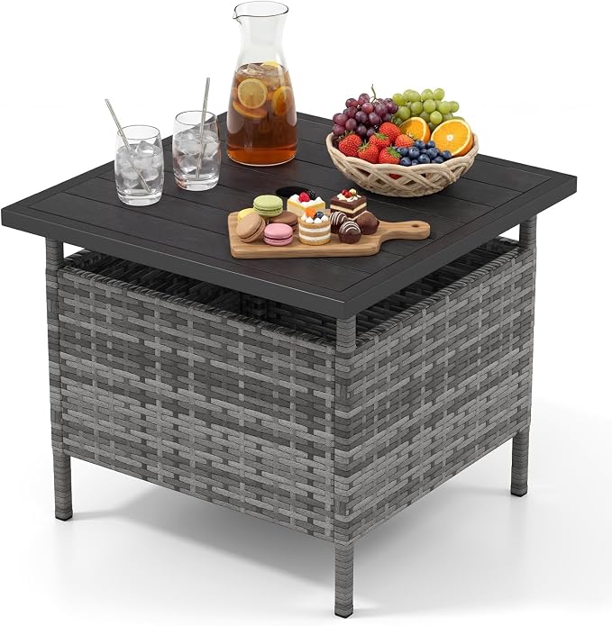 HAPPYGRILL Patio Umbrella Table Stand, Rattan Outdoor Side Table with Umbrella Hole, PE Wicker Frame, for Patio Garden Deck Poolside