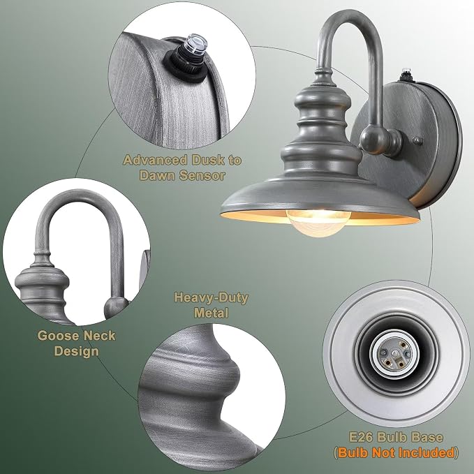 Dusk to Dawn Sensor Outdoor Gooseneck Barn Light Fixture Silver | Exterior Wall Sconce Lighting Waterproof Outside Porch Lantern Rustic Farmhouse Wall Mount Lamp for House Garage Patio