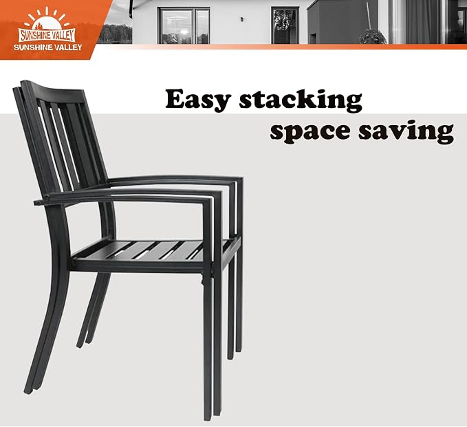 SUNSHINE VALLEY 7 Piece Patio Dining Set for 6, 64x38 Wood-Like Metal Table with Umbrella Hole and 6 Pcs Rust-Proof Stackable Chairs, Outdoor Table and Chairs Set for Backyard Garden Deck (Style 1) | 64x38 Table&6 Pcs Rust-Proof Stackable Chairs, Outdo...