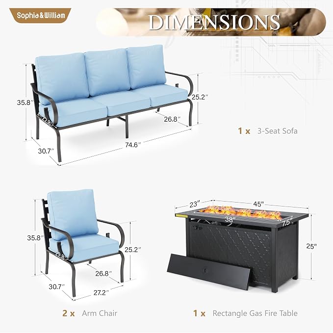 Sophia & William Patio Conversation Set for 5, 3-Seater Sofa, 2 Fixed Chairs and a 45" Fire Pit Table, Metal Outdoor Furniture with 5.75" Extra Thick Cushions, Blue