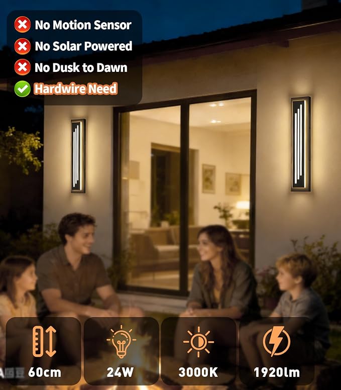 tewei 23.6'' Outdoor Wall Lights Modern Black LED Outdoor Wall Sconce, Large Long Exterior Lighting Fixtures, 3000K Waterproof Front Porch Lights Outside Lights for House, Garage, Indoor, 1 Pack