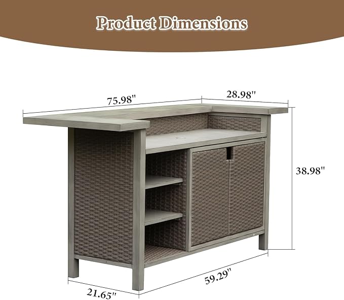 GOWE Patio Bar Table, Outdoor Aluminum PE Wicker Bar Cart with Cabinet, All Weather Use Storage Patio Cabinet for Patio Kitchen or Bar Cart, Wood Grain
