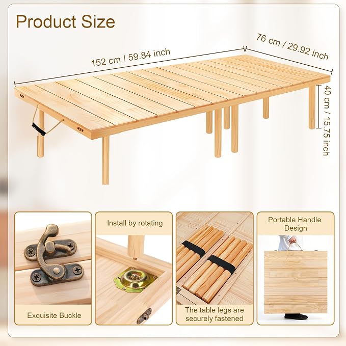 60"x30" Wooden Folding Picnic Table, Portable Low Floor Table with Beach Outdoor Camping Mat, Ideal for Camping, Wedding, Music Festival, Garden, Party