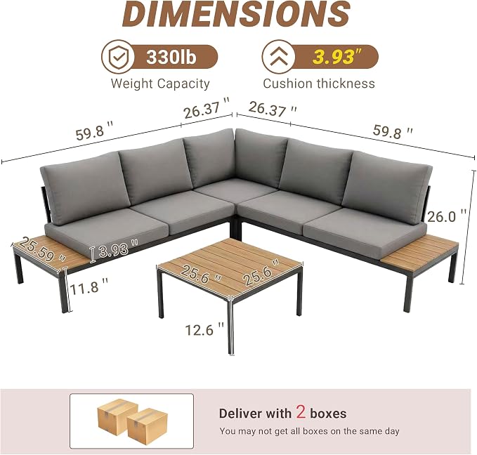 KEIKI 4-Piece L-Shaped Outdoor Patio Furniture Set, Rattan Patio Conversation Set with Coffee Table & 1 Corner Sofa & 2 Double Sofa, Wicker Curved Sectional Sofa Set, for Backyard, Light Gray