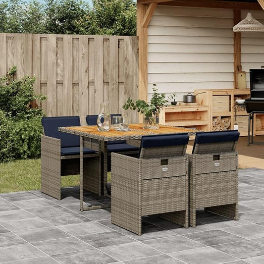5 Piece Garden Dining Set with Cushions Grey Poly Rattan Outdoor Patio Furniture Space Saving Foldable Chair Acacia Wood Table UV Resistant