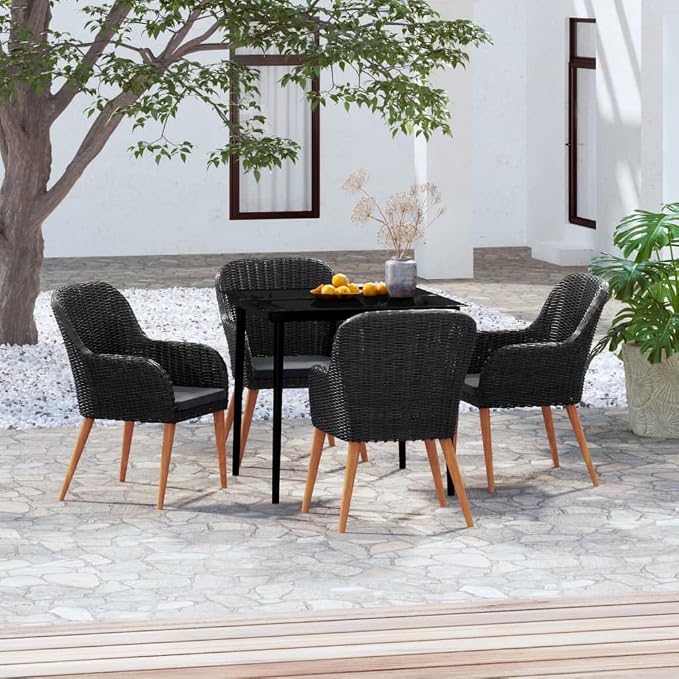 5 Piece Patio Dining Set with Cushions, Outdoor PE Rattan Dining Table and Chairs for Garden Backyard, Black Wicker Furniture Set with Glass Tabletop