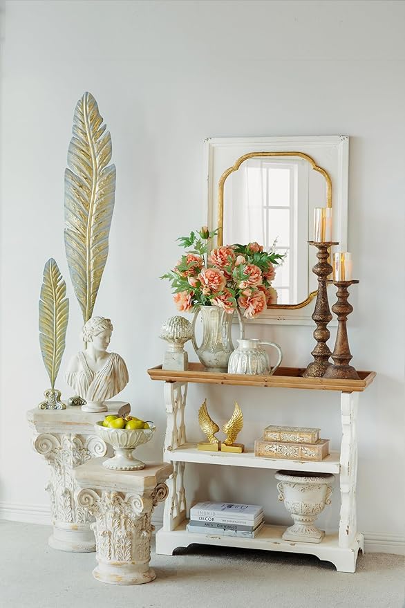 Small Side Table for Living Room, Farmhouse Rustic French Country MGO Pedestal Stand Ornate with Scrollwork Design and Gold Accents, Square Distressed Display Stand White 14x14x17.5