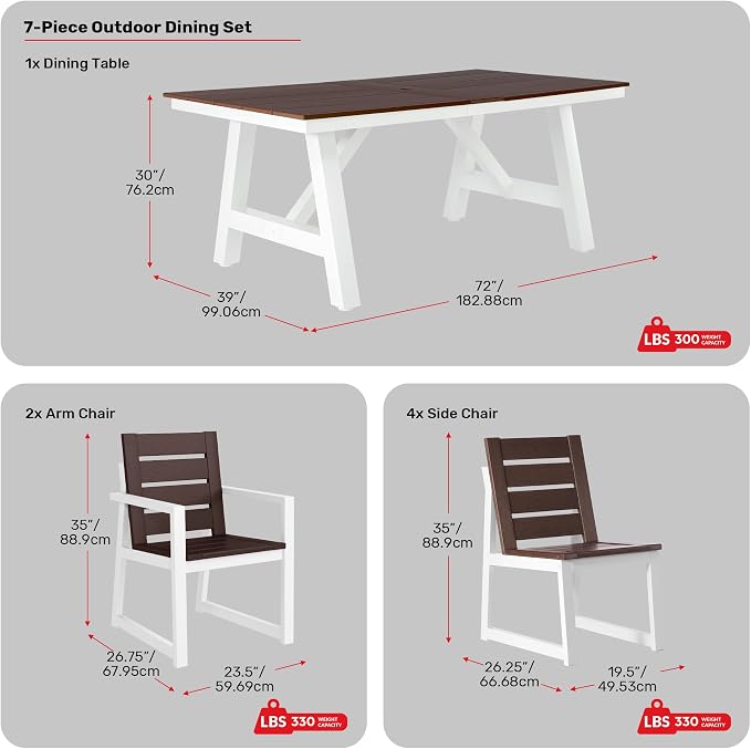 Costaelm Stinson 7-Piece Outdoor HDPE Patio Dining Table Set with Umbrella Hole & Dining Chairs for 6, Dark Brown