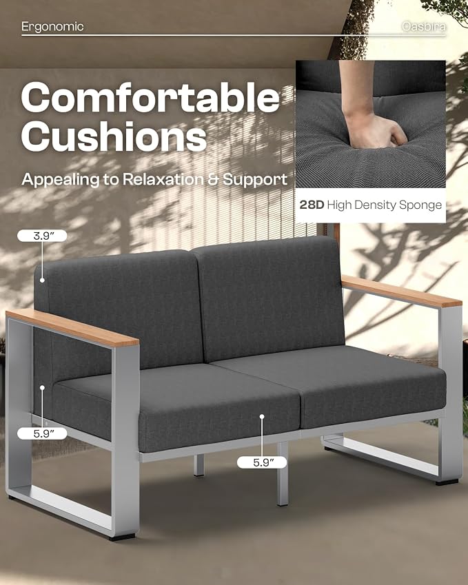 2 Pieces Outdoor Aluminum Armchair, Modern Patio Patio Furniture with Wide Seat and Thick Cushions, All-Weather Oversized Couch for Deck, Porch