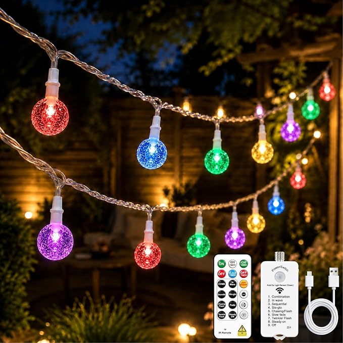 Crystal Globe String Lights 2500mAh Rechargeable Battery Operated | 16FT 50LED Outdoor Waterproof with Remote, Timer & 8 Modes, Fairy Lights for Yard Garden Patio Wedding Christmas (Multicolor)