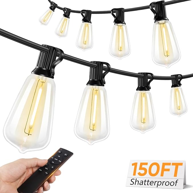 LED Outdoor String Lights, 150FT Dimmable Patio Lights with Remote Control, 45+2 Shatterproof ST38 Edison Bulbs, 3 Lighting Modes, 3H/5H Timer, Outdoor Hanging Light for Holiday, Party