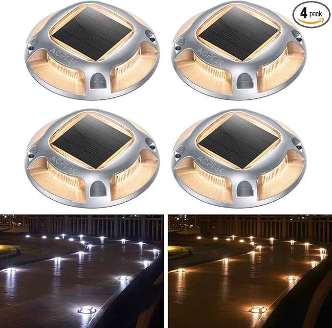 AGPTEK Solar Driveway Lights Outdoor 4 Pack, 2 Color Modes LED Deck Dock | Marine Waterproof Driveway Marker Lights for Step Sidewalk Stair Garden Pathway Walkway Yard (Warm White/Cool White)