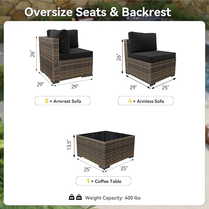 LazySunsets 7-Piece Patio Furniture Set, Wicker Rattan Outdoor Furniture with Thick Cushions, Patio Conversation Sets with Coffee Table, Outdoor Sectional Couch Sofa, Yellow Black