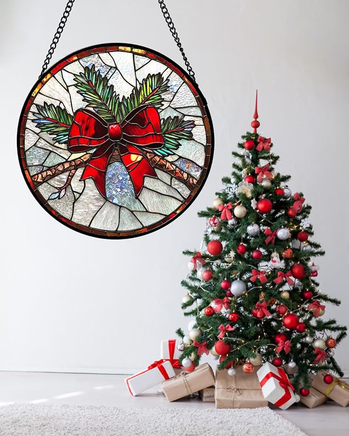 DASTOLL Stained Glass Window Hanging - Pine Branches Red Bow Suncatcher for Doors Home Christmas Decoration Silver Sun Catcher Thanksgiving New Year Birthday Gifts for Women Men Mom Nana 11.8 in