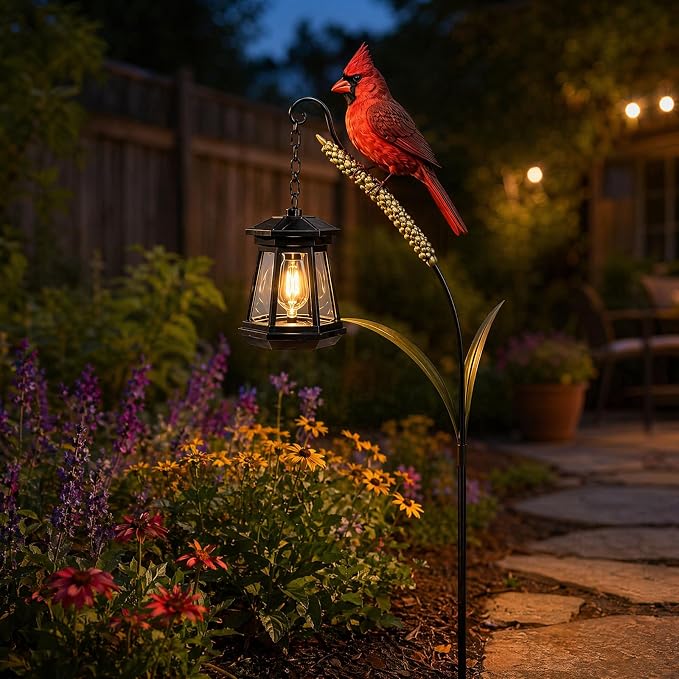 Cardinal Solar Light—A Beautiful Garden Light that Feels Full of Life | Outdoor Stake Yard Decor, Red Bird Lantern, Gift for Mom, Warm Glow Lantern for Patio Lawn Porch Pathway Yard Gardening Gift
