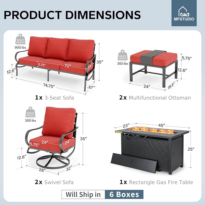 MFSTUDIO 6 Pieces Patio Furniture Sets with 45" Gas Fire Pit Table(Up to 7 Seat),Outdoor Metal Frame Patio Conversation Sofas with 1 x 3-Seat Sofa, 2 Swivel Chairs and 2 Ottoman, Burgundy Cushion