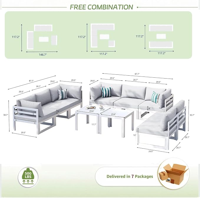 RADIATA 8 Seat Oversized Modern Aluminum Patio Furniture Set, Weather Resistant Modular Sectional Sofa with Coffee Table, 500 lbs Heavy Duty Comfortable Outdoor Couch for Exterior Backyard Deck, White