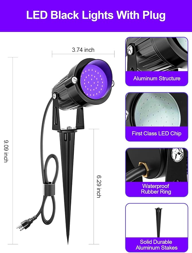 ZUCKEO Blacklight Spotlight Outdoor 15W Halloween Black Light Spot Light with US Plug, IP66 Landscape Black Lights Fixtures for Glow Party Fluorescent Yard Garden House Decorating(6Pack)