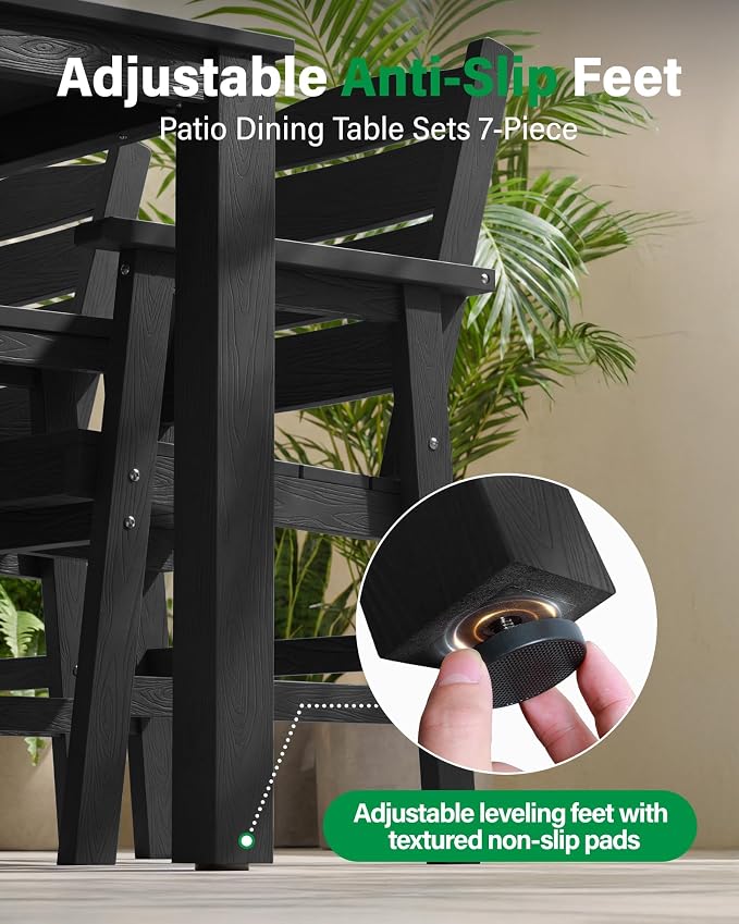 YEFU Patio Dining Sets 8-Piece: All-Weather Outdoor Table and Chairs with Aluminum Frame - Easy Assembly Patio Dining Set for 6 Modern Wood Grain HIPS Furniture for Family in Outside/Deck/Pool Black