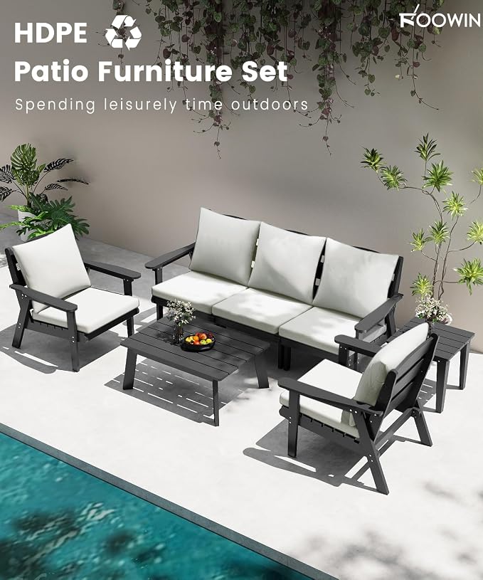 FOOWIN 7-Piece Patio Furniture Set, HDPE All-Weather Outdoor Conversation Set with Thick Cushions, Sectional Patio Sofa Furniture for Deck, Porch, Lawn, Garden, Grey Frame & White Cushion