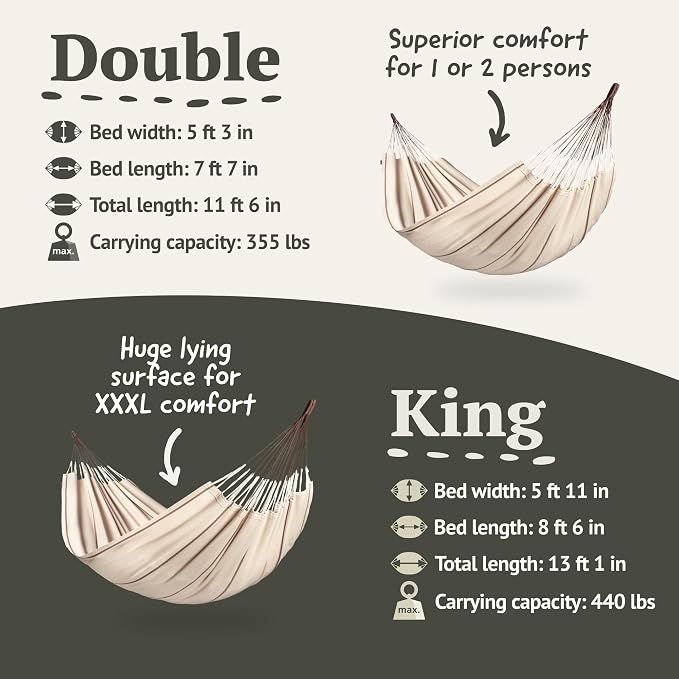 LA SIESTA Modesta Organic Cotton Hammock - Indoor Outdoor, Bedroom Backyard Porch Patio Tree - Extra Large Fabric Bed, 2 Person - Max 440 Lbs, King, Nougat