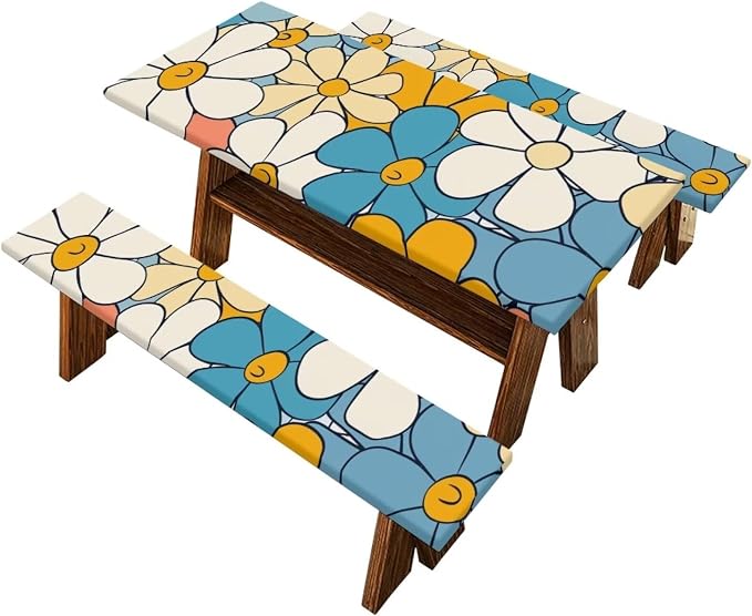 Cute Floral Picnic Table Cover with Bench Covers with Elastic Band Outdoor Camping Tablecloth Water and Oil Repellent Elastic Picnic Table Cover Suitable for Family Gatherings Vacations