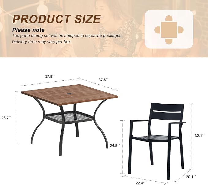 VICLLAX Patio 5 Pieces Outdoor Dining Set for 4, Wrought Iron Metal Outdoor Table and Chairs Set, 38" Square Table with Umbrella Hole and 4 Stackable Chairs for Lawn, Garden, Porch, Walnut/Black