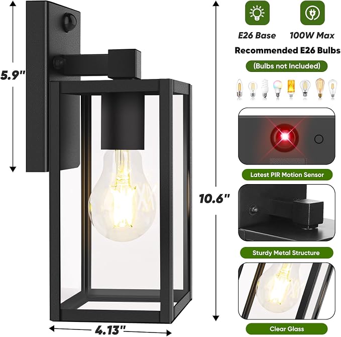 BesLowe 10.6" Upgraded Motion Sensor Outdoor Wall Light Fixture, Black | Auto ON/OFF, 3 Lighting Modes, Waterproof, Rust-Resistant, Durable Metal & Clear Glass, Standard E26 Sockets, Easy to Install