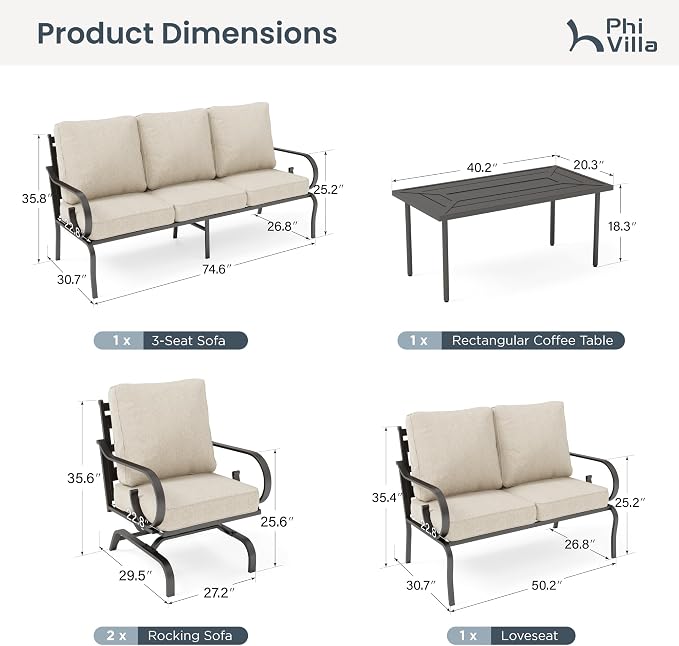 PHI VILLA Patio Furniture Set, 1 Loveseat, 3-Seater Sofa, 2 Rocking Chairs and a Coffee Table, Outdoor Metal Conversation Set with 5.75" Extra Thick Cushion for Garden Backyard Deck, Beige