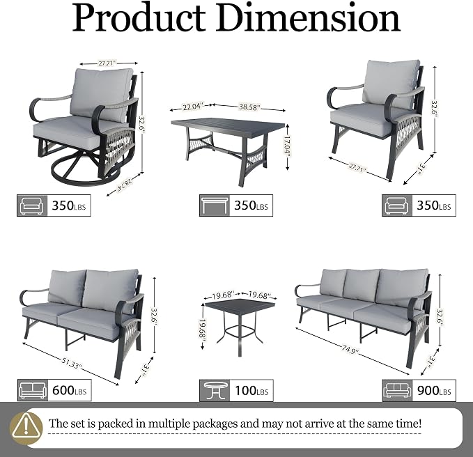 12 Pieces Patio Conversation Sets, All-Weather Metal Swivel Rocking Chairs with Rope Furniture Set, Outdoor Sofa Couch for Deck, Porch, Garden, Backyard, Poolside (Gray Cushions)