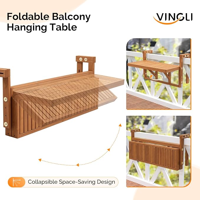 VINGLI 48in Acacia Wood Folding Balcony Hanging Table – Adjustable Height & Width, Balcony Railing Table Ideal for Different Railing Widths, Perfect for Balcony, Patio, Rectangular,Natural Wood Color