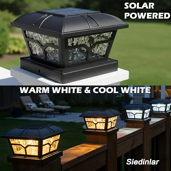 SIEDiNLAR Solar Post Cap Lights Outdoor 2 Color Modes 8 LEDs for 4x4 5x5 6x6 Posts Fence Patio Deck Decoration Warm White & Cool White Lighting Black (1 Pack)