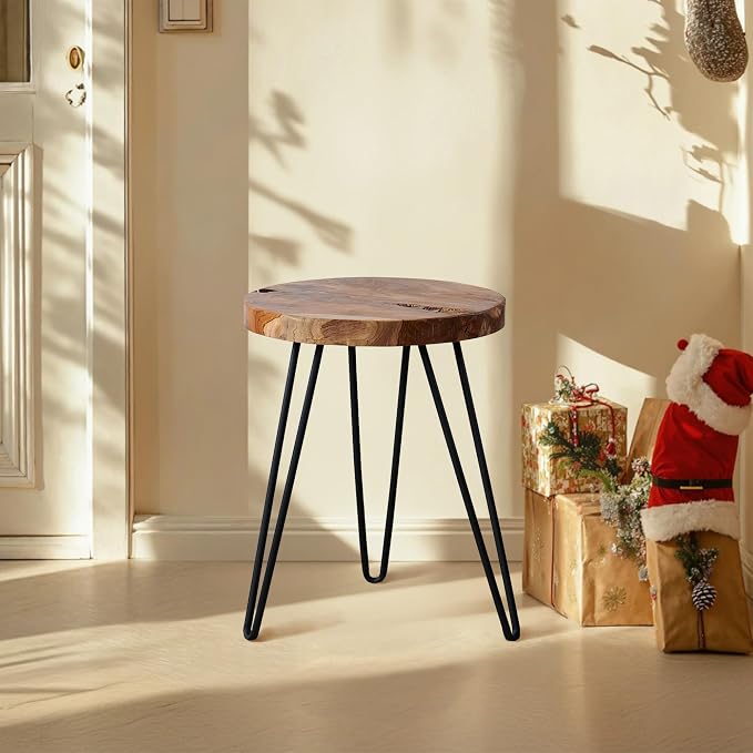 Round Teak Wood Side Table 15" x 15" x 20.4" H Vintage Wooden Slab Coffee Live Edge Tables Solid Wood Rustic Plant Stand Accent End Tables Living Room Patio Bedroom Nightstand