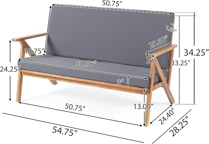 Christopher Knight Home Panama Outdoor Acacia Wood Chat Set with Water Resistant Cushions, 4-Pcs Set, Teak Finish / Grey