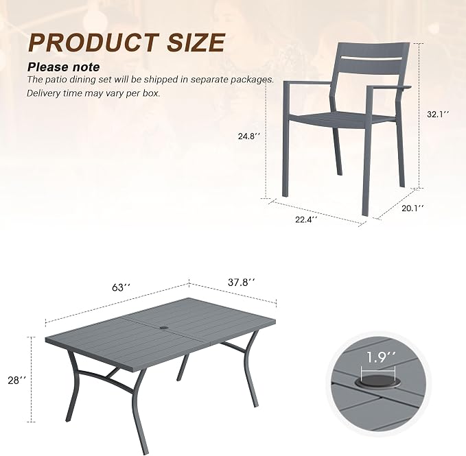 VICLLAX Patio 7 Pieces Outdoor Dining Set for 6, 63" Outdoor Rectangular Metal Dining Table with Umbrella Hole, 6 Stackable Chairs for Lawn, Garden, Porch, Grey