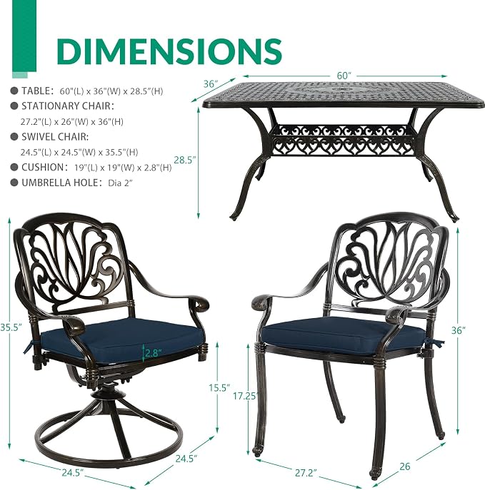 VIVIJASON 7 Pieces Cast Aluminum Outdoor Furniture Dining Set, Patio Conversation Set, Include 4 Stationary Chairs, 2 Swivel Dining Chairs and a Rectangle Table with Umbrella Hole, Navy Blue Cushion