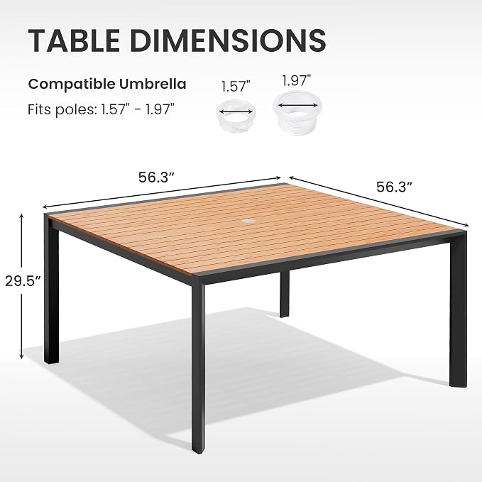 Crestlive Products Square Outdoor Dining Table for 8, 56" Aluminum Patio Table with Umbrella Hole Weather-Resistant Outside Table for Garden Backyard Deck, Brown