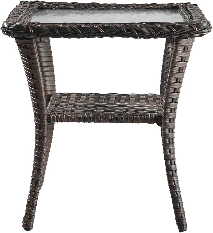 Patio Side Table Outdoor End Tables with Tempered Glass Top - 2-Tier Storage Wicker Side Tables for Outside Furniture Wicker Rocking Swivel Chairs in Porch Deck Yard Garden - Brown