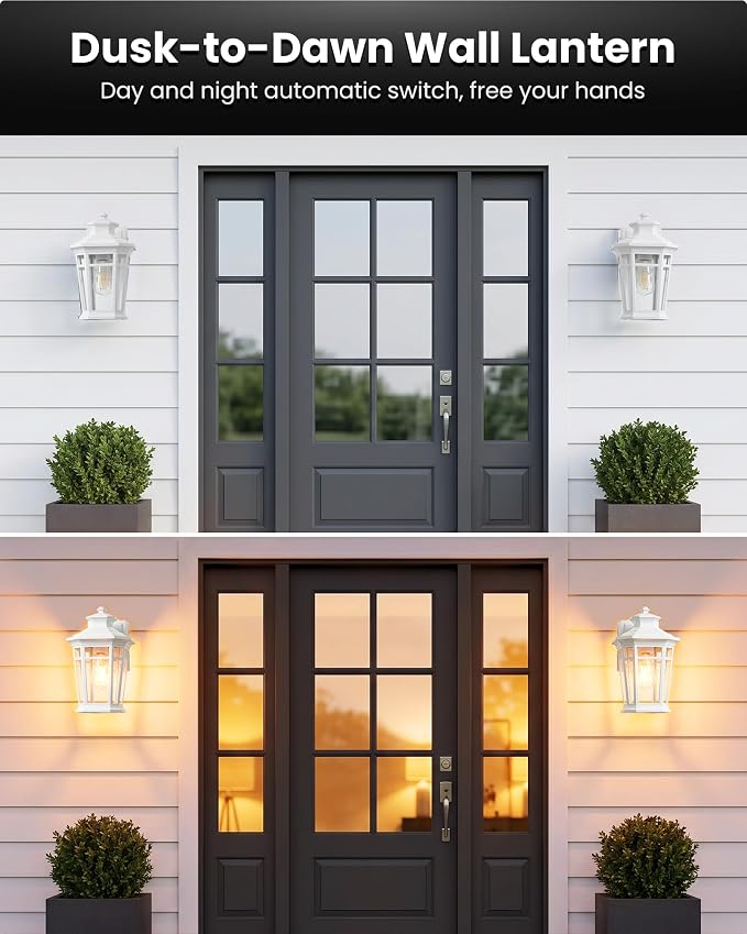 Gleamz Large Porch Lights Outdoor with GFCI Outlet, White Exterior Lighting Fixtures with Dusk to Dawn Sensor, Front Porch Light Wall Mount, Patio Wall Light Fixture for Garden Front Door Coach