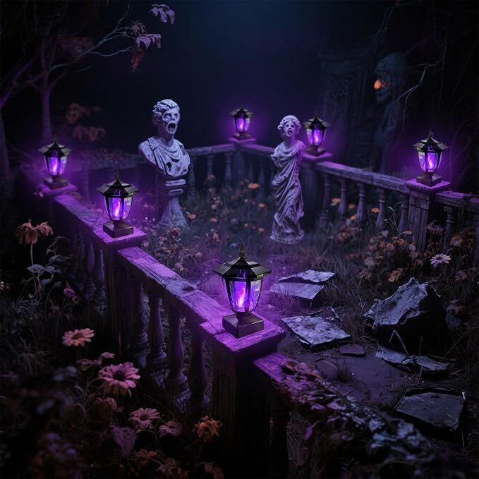 Dynaming Solar Flame Post Cap Lights Outdoor, Halloween Flickering Purple Flame Post Lights, Solar Powered LED Lantern Waterproof for Garden Deck Fence Patio, Fit 4x4, 5x5 or 6x6 Wooden Posts, 4 Pack