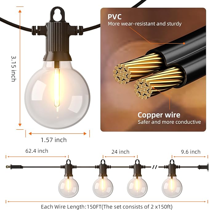 Kawaya G40 Outdoor String Lights 300FT IP65 Waterproof 2700K Patio Light | IP65 146+4 Shatterproof Edison Globe Blubs,2700K Warm White for Garden Porch Fence Camping Party Backyard Deck Bistro Balcony