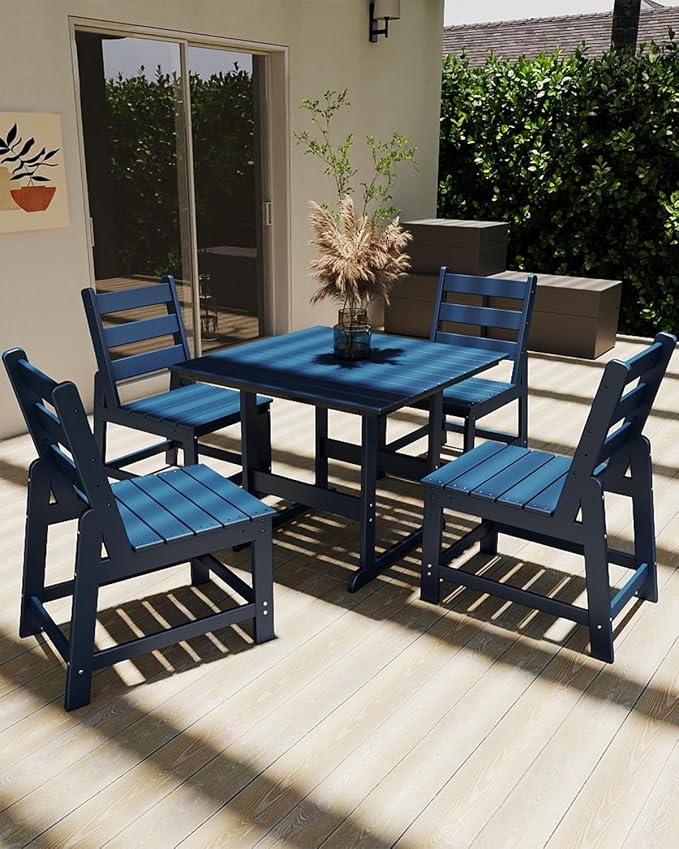 GREENVINES 5-Piece-Outdoor-Dining-Set | HDPE | Square | Patio Furniture | All Weather | Armless Chair | Slatted Table and Chairs Sets for 4 | for Backyard Poolside Garden | Blue