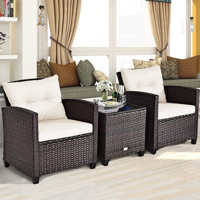 RELAX4LIFE 3 Piece Patio Furniture Set, Wicker Bistro Conversation Set w/ 2 Cushioned Armchairs & Glass Topped Table, Outdoor Rattan Sofa for Porch Balcony Poolside (White)
