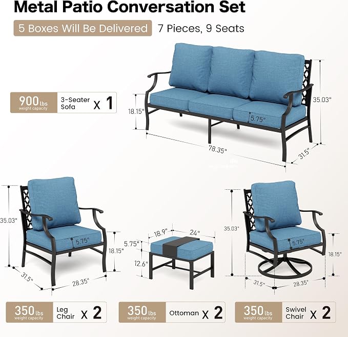 SUNSHINE VALLEY 7 Piece Metal Outdoor Patio Furniture Set, Patio Conversation Sets 1 3-seater Sofa, 2 Fixed Chairs, 2 Swivel Chairs, 2 Ottomans with 5.75" Thick Cushion, Black Backyard Furniture, Navy